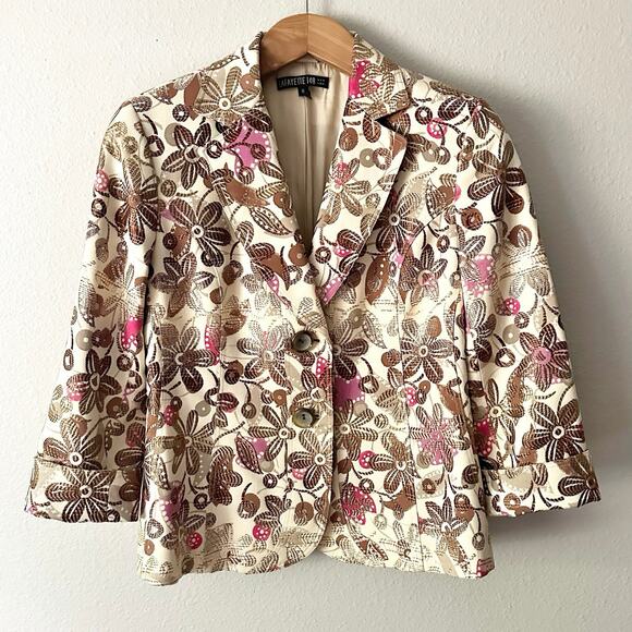 Lafayette 148 New York Tan Gold Metallic Pink Floral Short Blazer Women’s Size 6 - Picture 2 of 14
